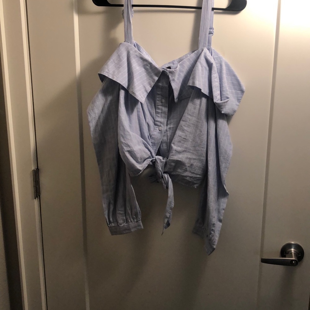 Pin striped, off the shoulder, button/tie top